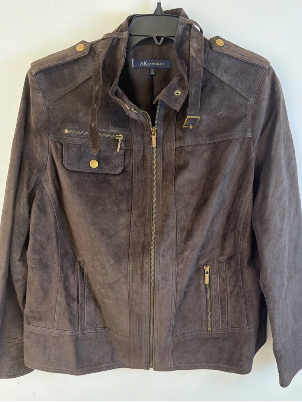 AK Anne Klein Women's Brown Suede Leather Moto Jacket Plus Size 1X